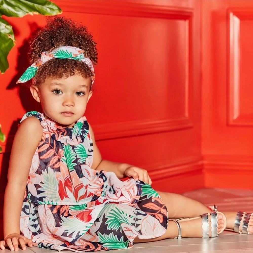 JANIE AND JACK  Girls Palm Paradise Tropical Chiffon Leaf Ruffle Tiered Dress